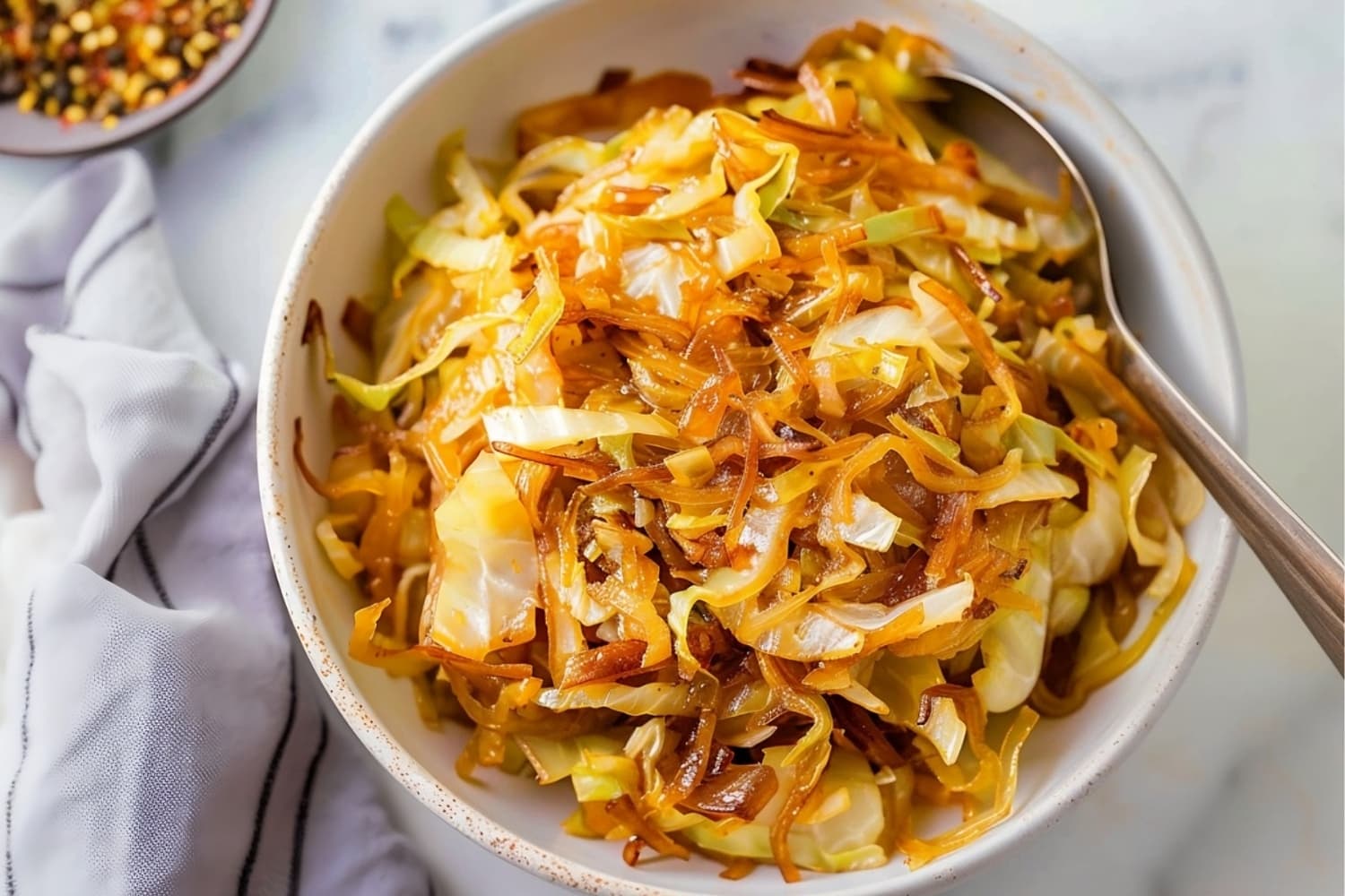 Rich, healthy and flavorful homemade caramelized cabbage and onions, top view