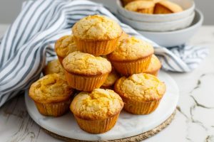 A bunch of cornbread muffins stacked on a white marble table