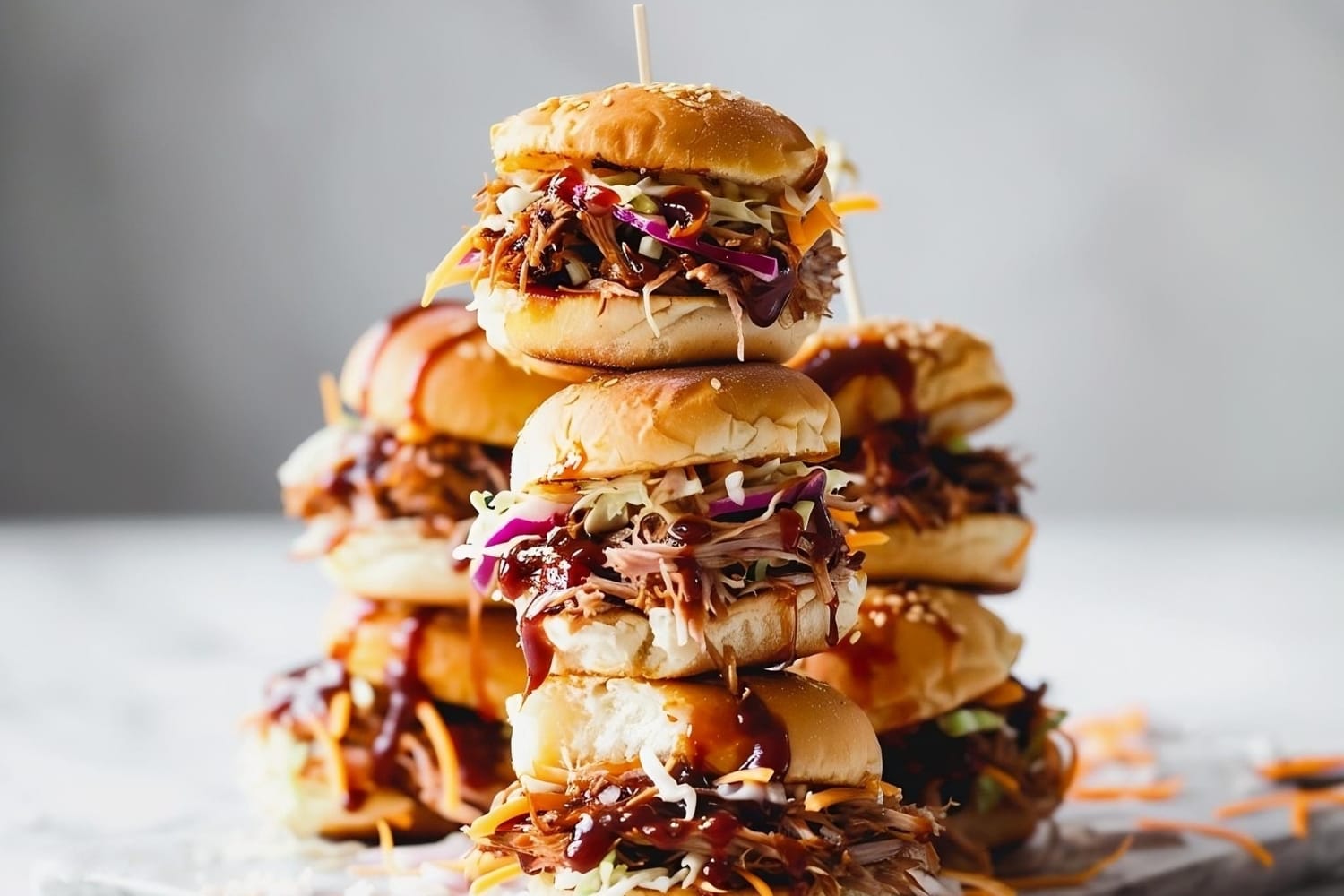 Savory homemade pulled pork sliders with coleslaw and bbq sauce