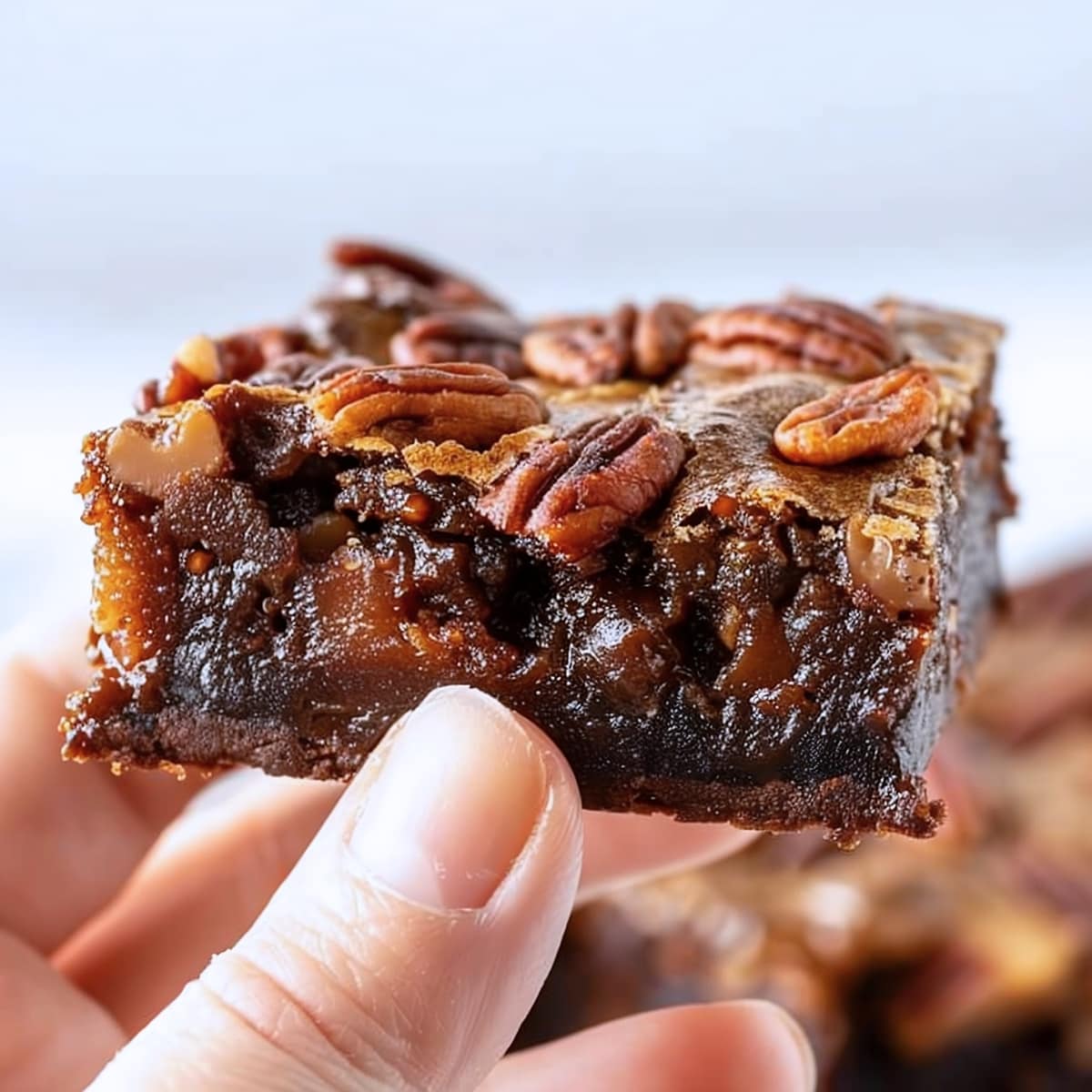 A hand holding up a brownie with pecans