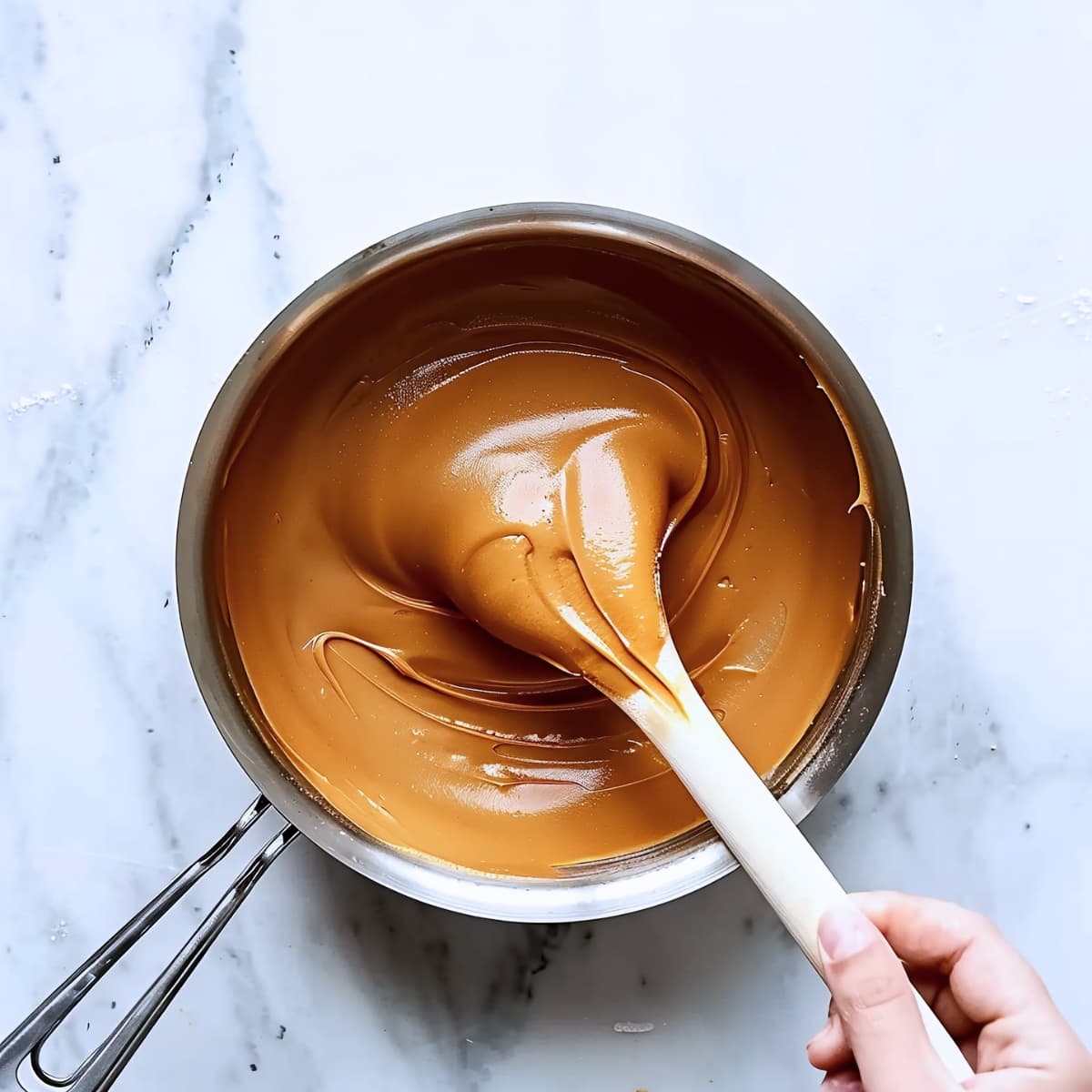 A person stirring caramel frosting in a pan, overhead view