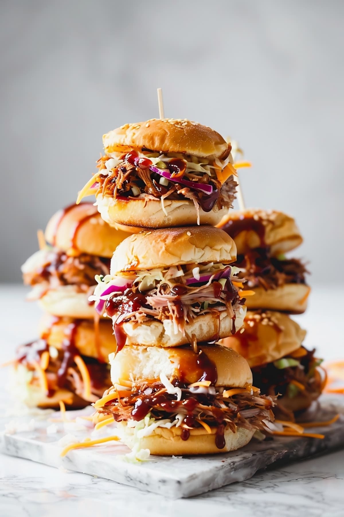 a stack of bbq pulled pork sliders on a marble platter