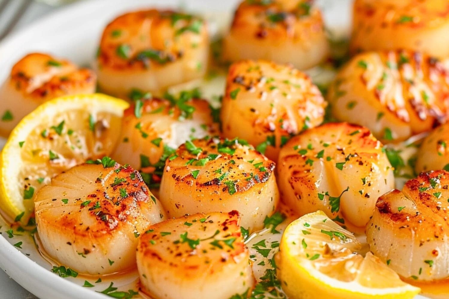 Air fryer scallops tossed in garlic butter sauce served on a white plate.