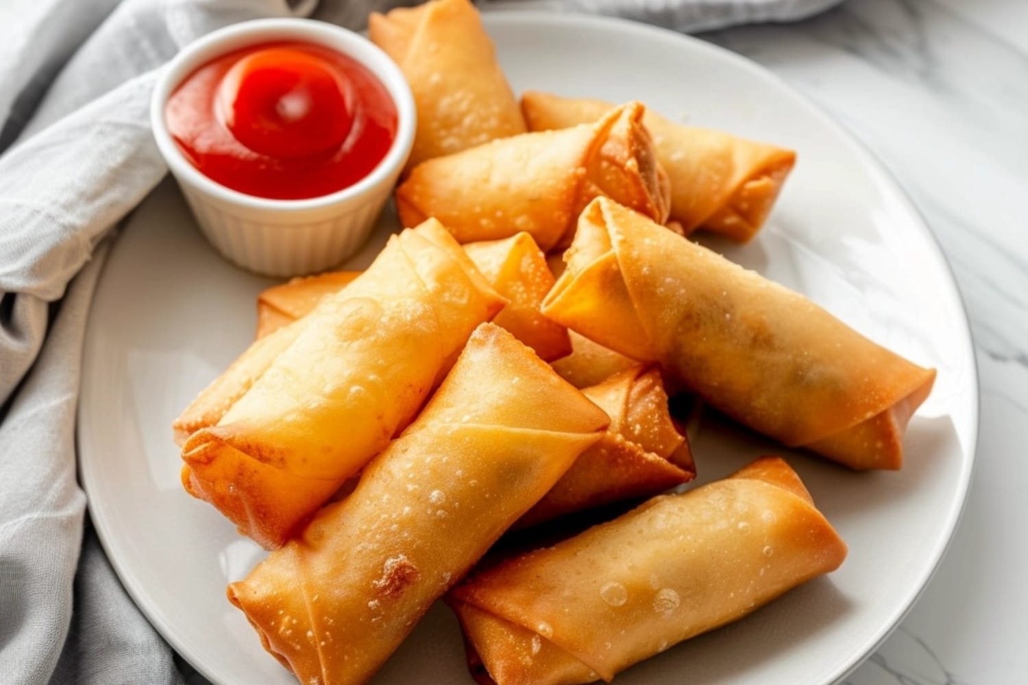 Air fried frozen egg rolls with ketchup dip in the side.