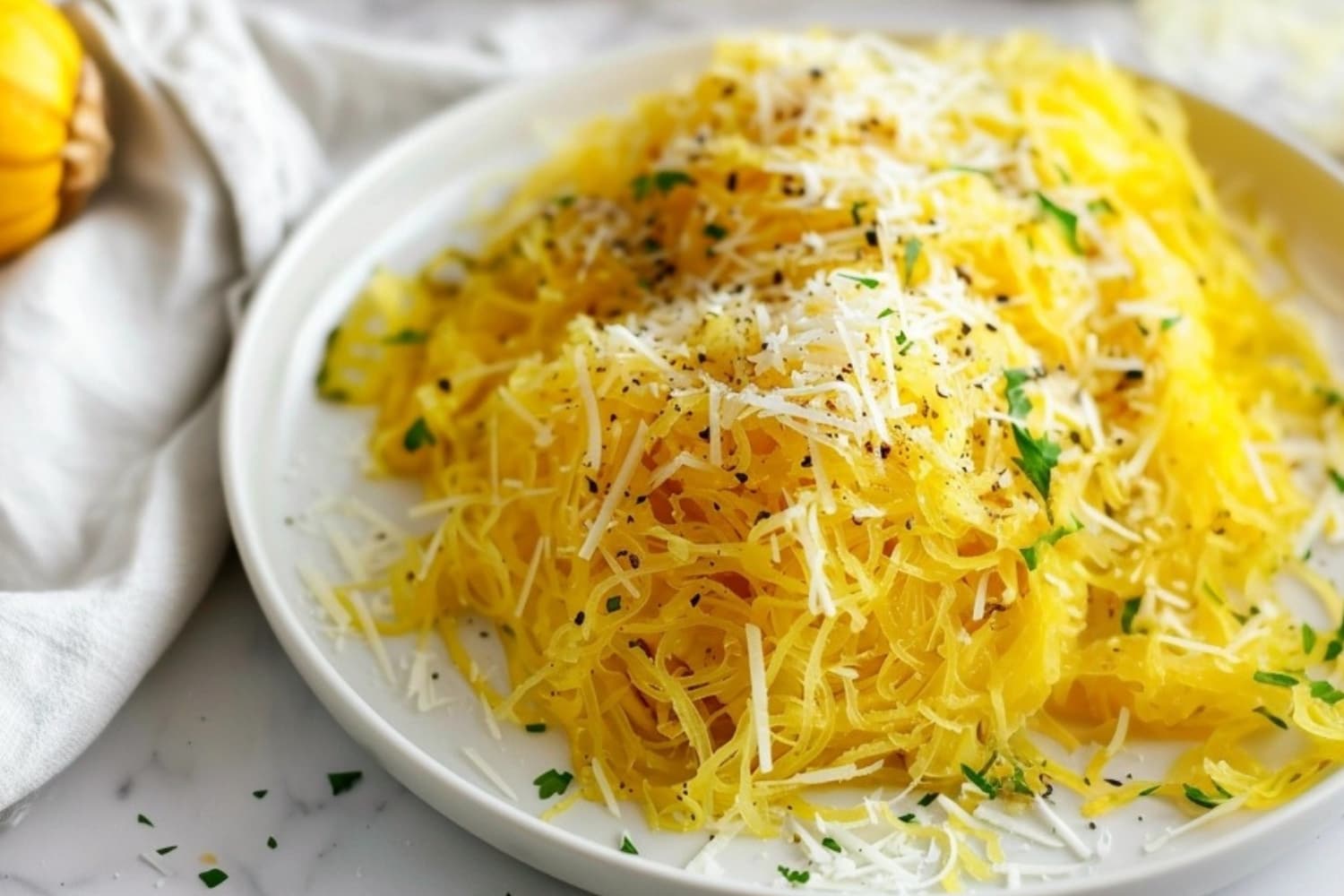 Shredded air fried squash served on a white plate garnished with parmesan cheese.