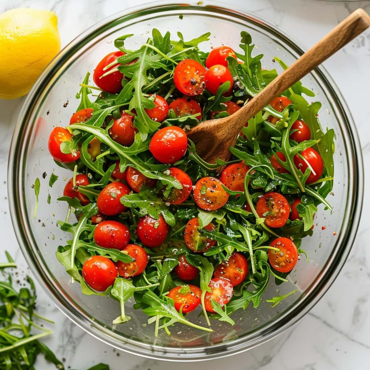 Arugula salad tossed in a glass bowl with lemon dressing.
