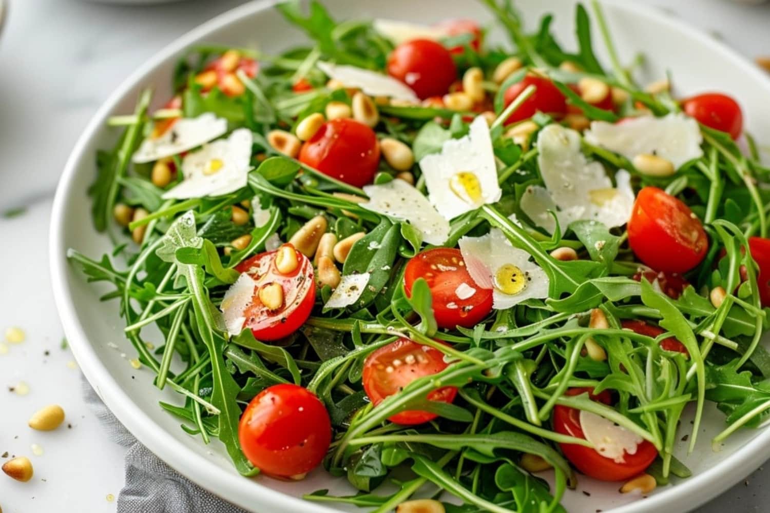 Fresh arugula salad on a white plate with nuts, cherry tomatoes drizzled with lemon dressing.