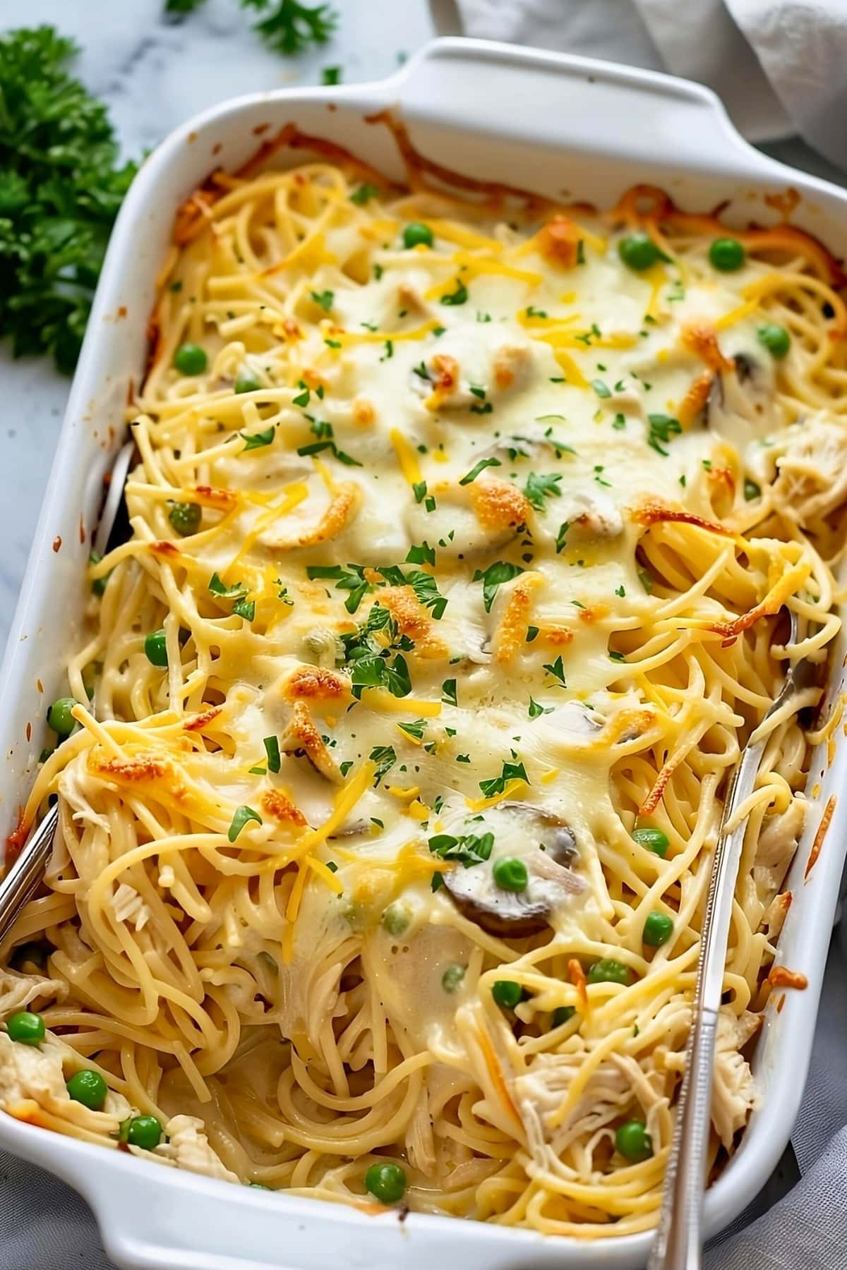Baked pasta in creamy and cheesy sauce in a casserole dish.