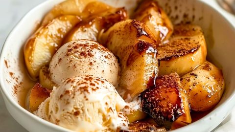 Baked apple slices served with vanilla ice cream on a white bowl.