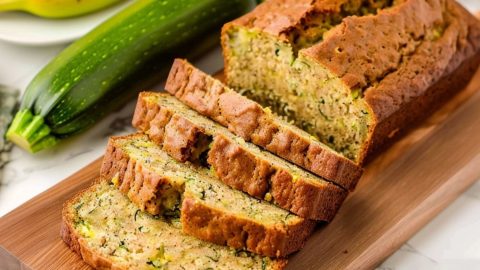 Sliced banana zucchini bread load in a wooden board.