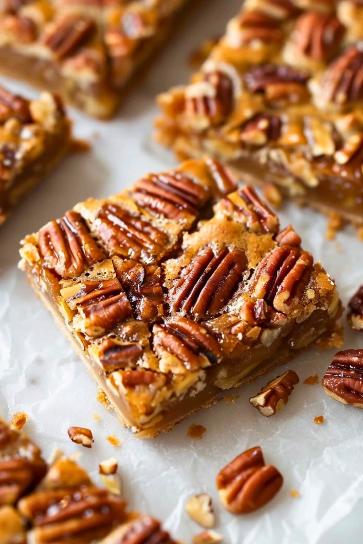 Pecan pie sliced into bars on a parchment paper.