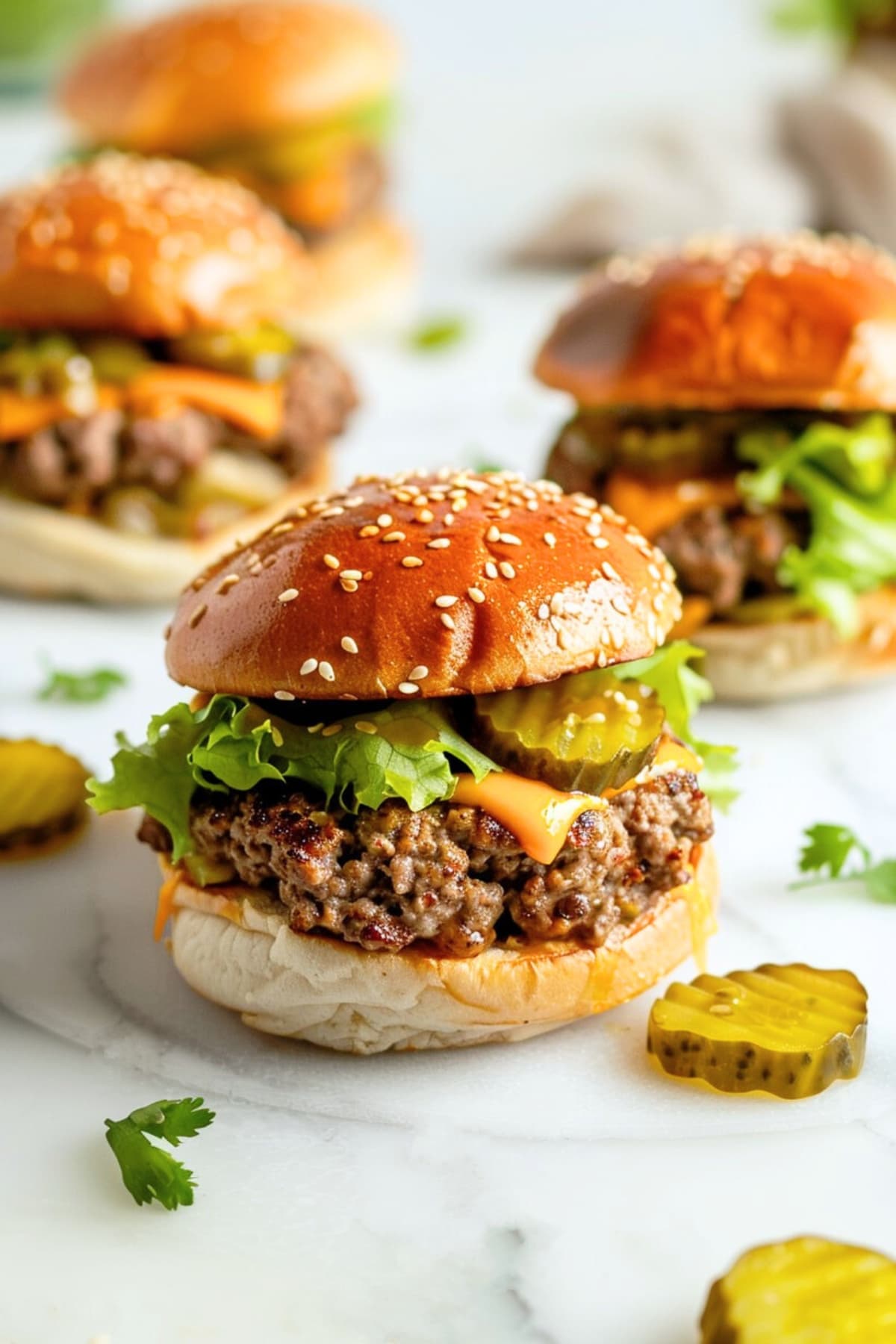 Big mac sliders with ground beef, pickles, lettuce and cheese