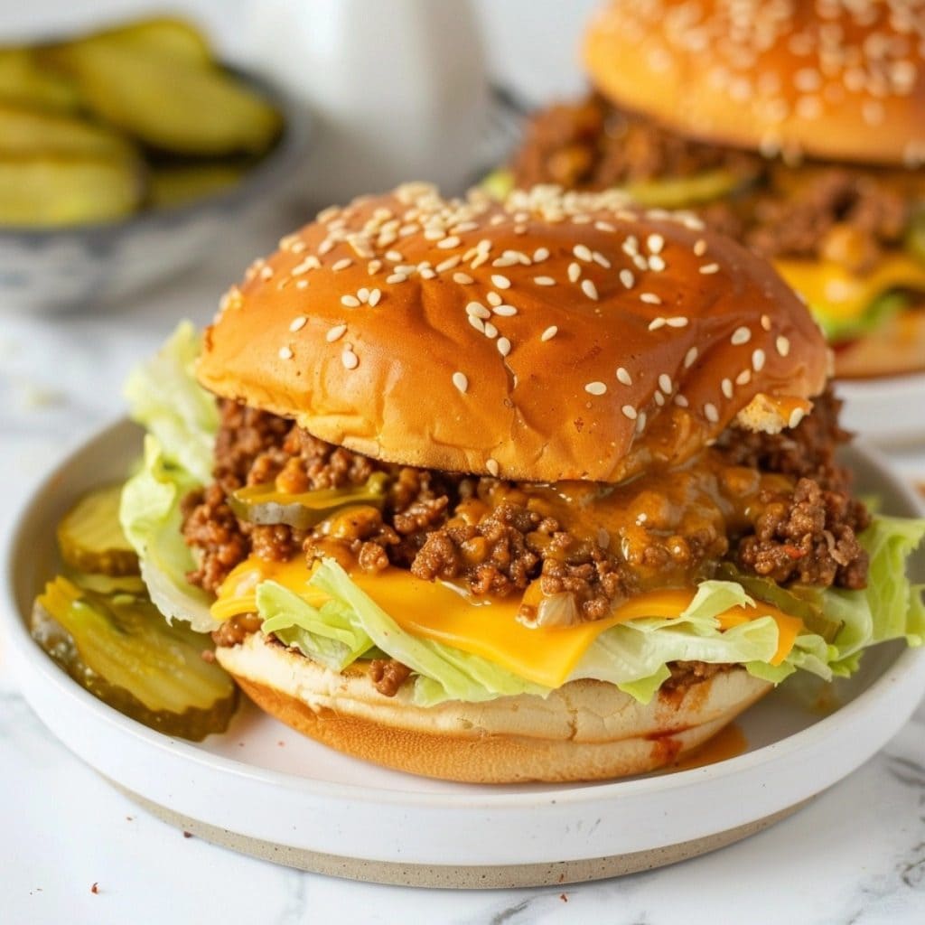 Meaty Big Mac sloppy Joe in plate with cheese, lettuce and pickles.