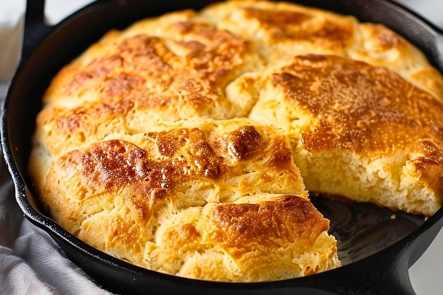Biscuit bread in a cast iron skillet, portion missing.