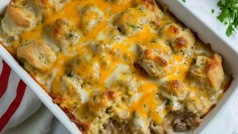 Biscuits and gravy casserole on a baking dish, towel on the side on a white marble table.