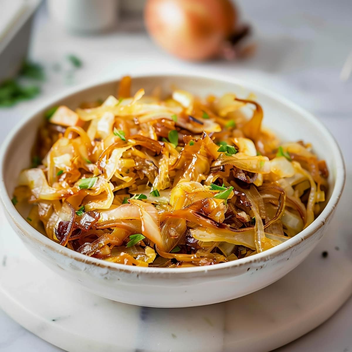 Savory homemade caramelized cabbage in a bowl
