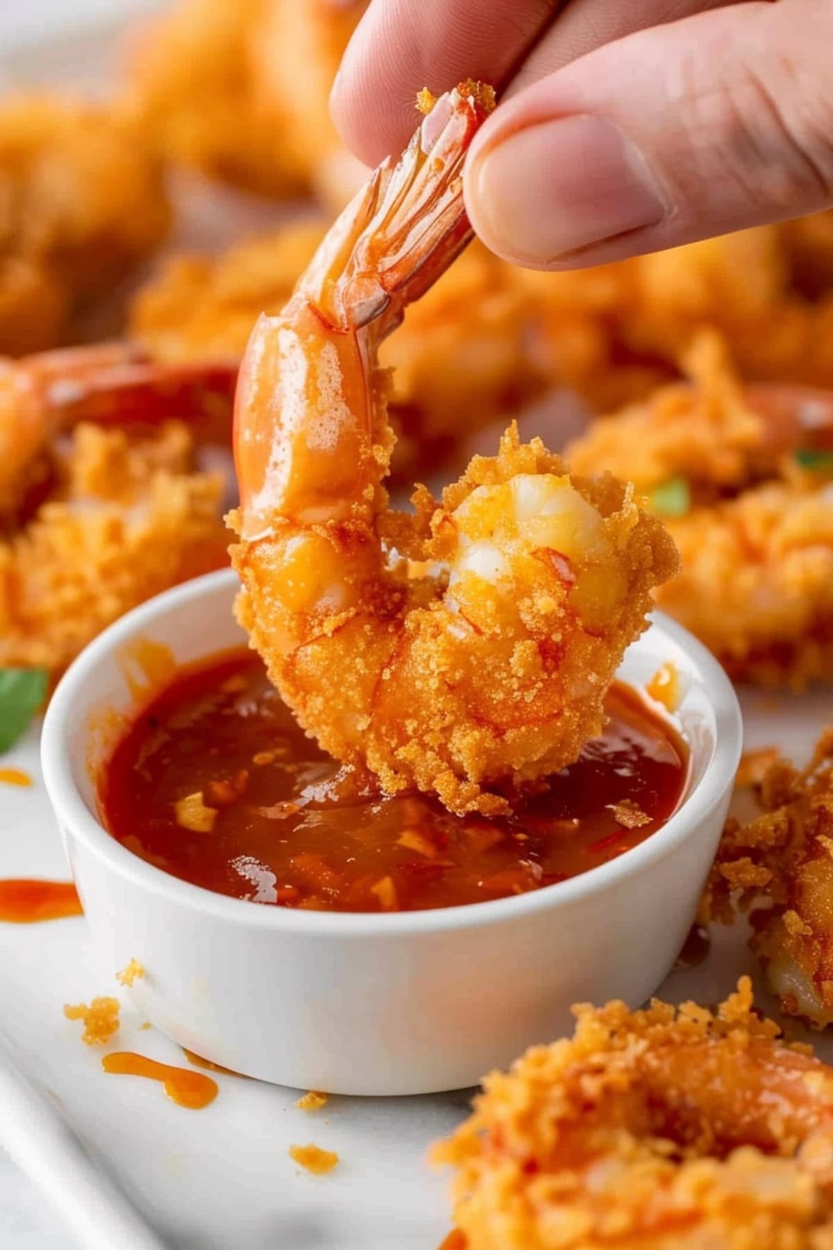 Hand dipping coconut breaded shrimp in a sauce.