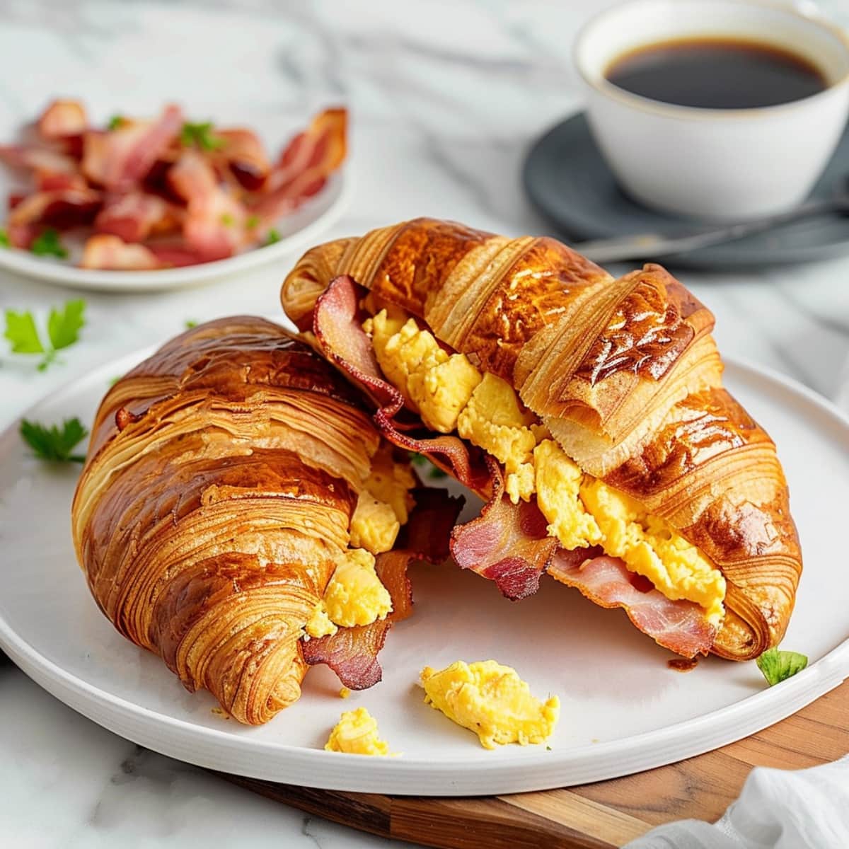 Homemade breakfast croissant with scrambled eggs and bacon, served with a cup of coffee