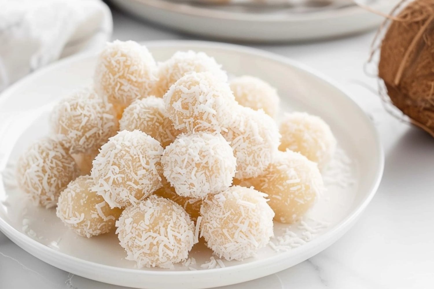 Balls of dessert covered in coconut in a white plate.