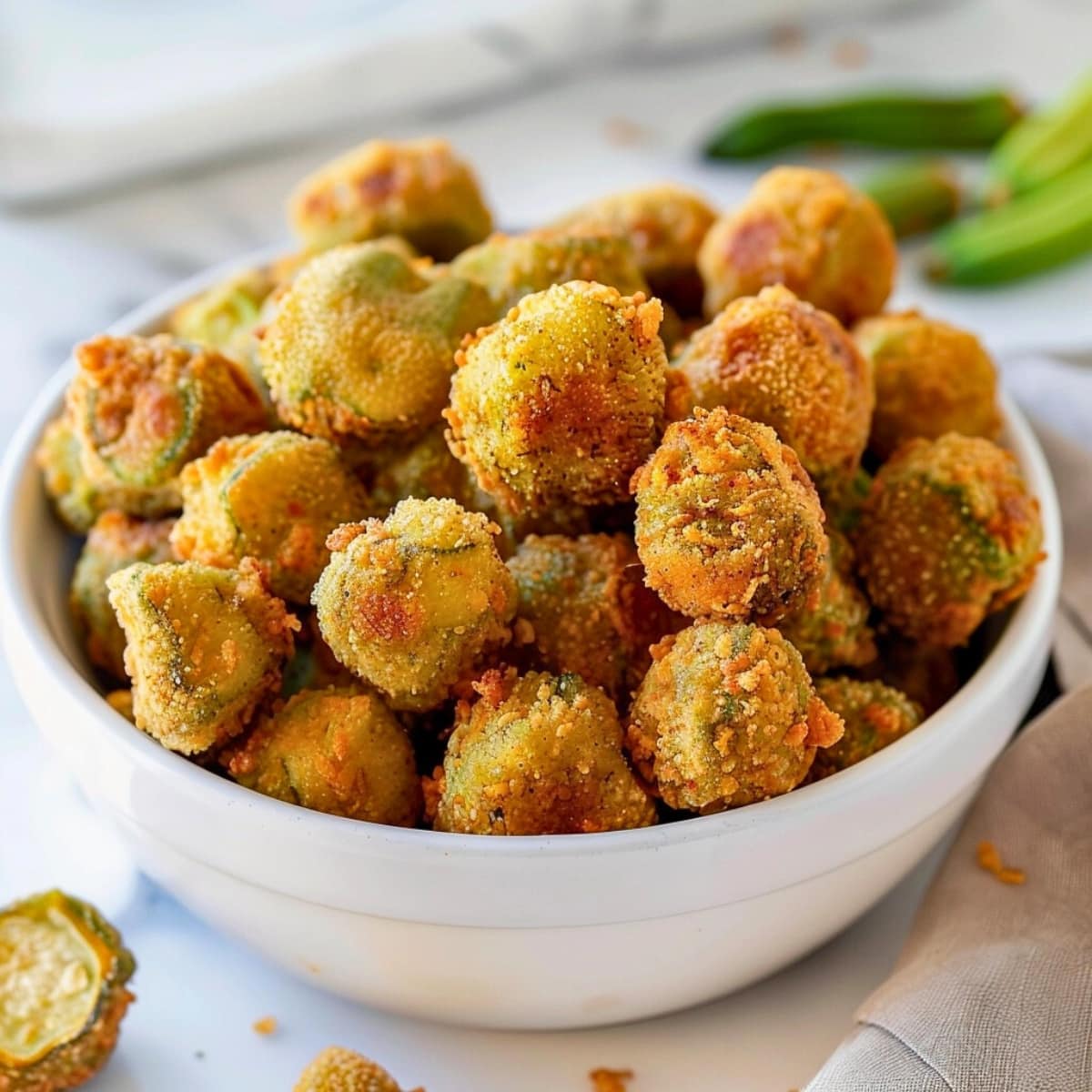 Bunch of fried okra coated with cornmeal batte ron a white bowl.