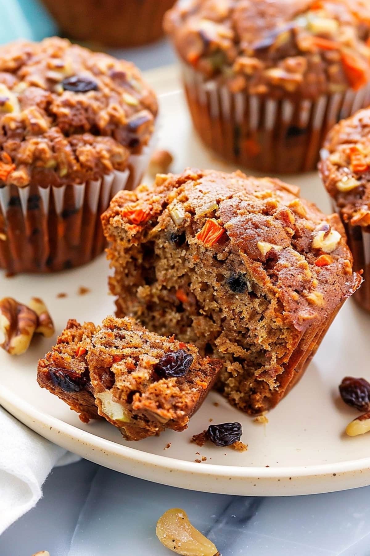 Morning glory muffins with raisins, carrots and nuts.