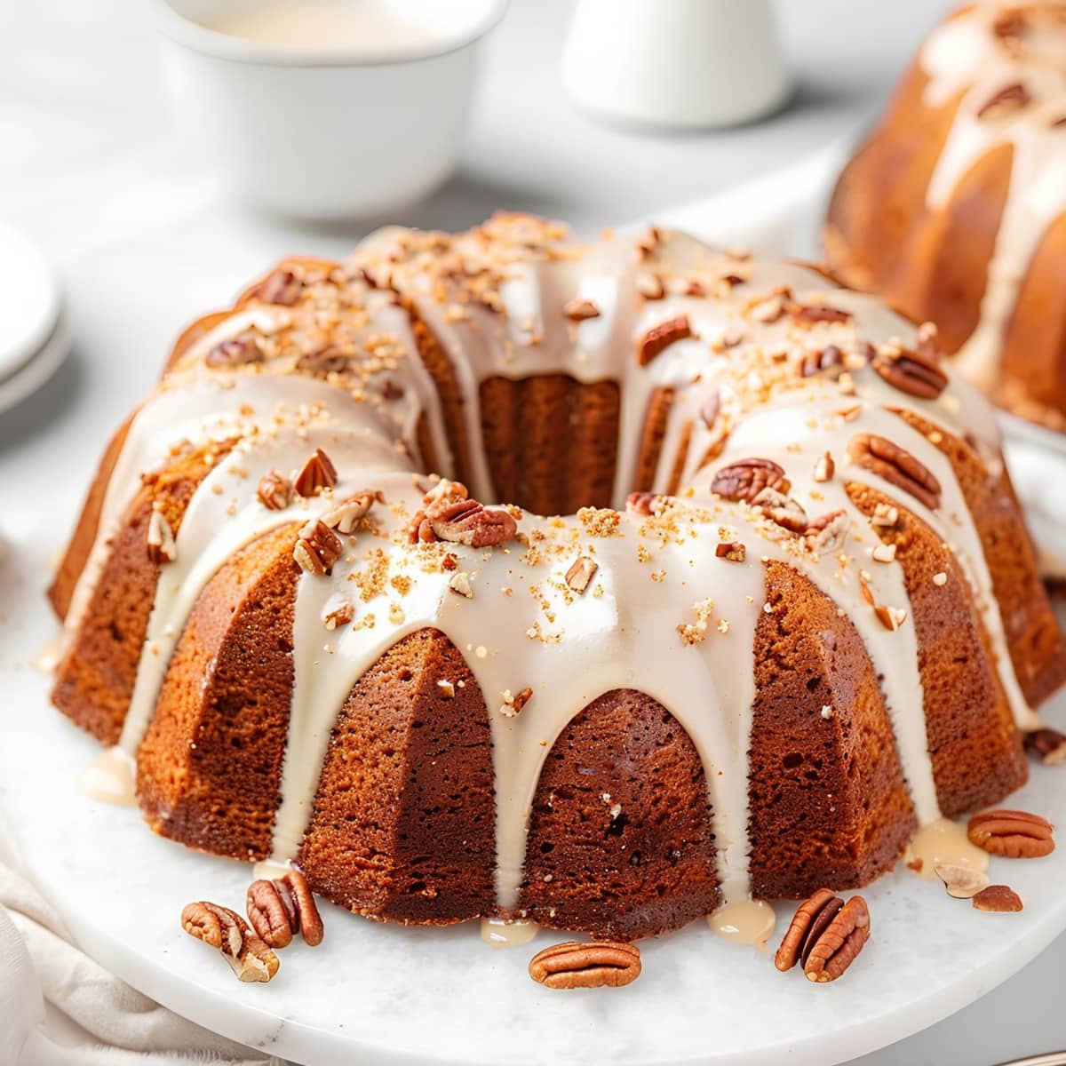 Pound cake with pecan nuts, drizzled with glaze