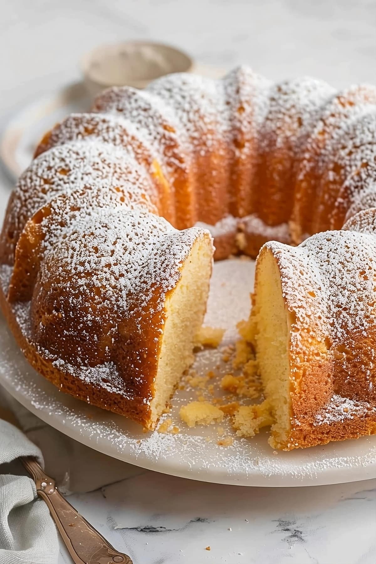 Buttermilk pound cake dusted with powdered sugar.