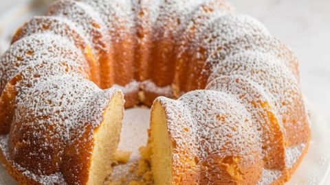 Dusted with powdered sugar buttermilk pound cake.