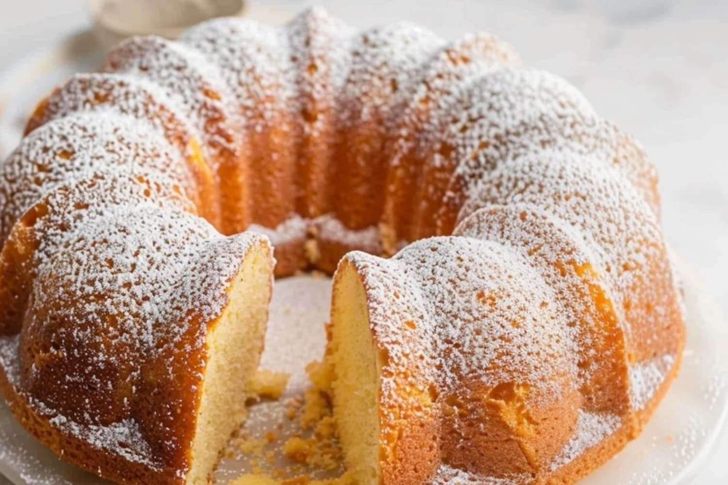 Dusted with powdered sugar buttermilk pound cake.