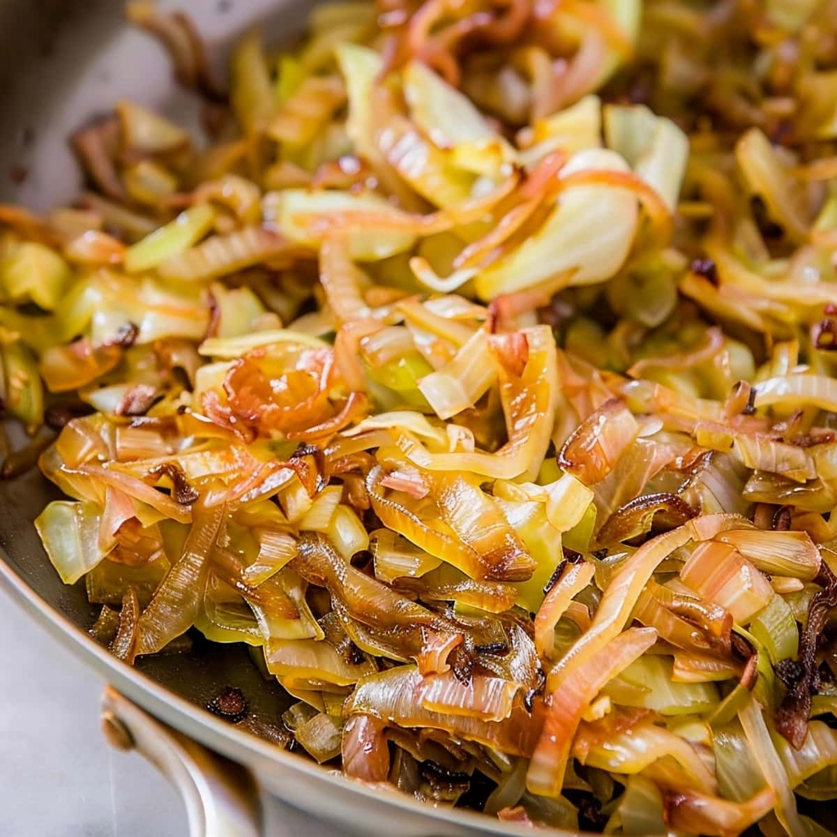 A skillet of caramelized cabbage and onions