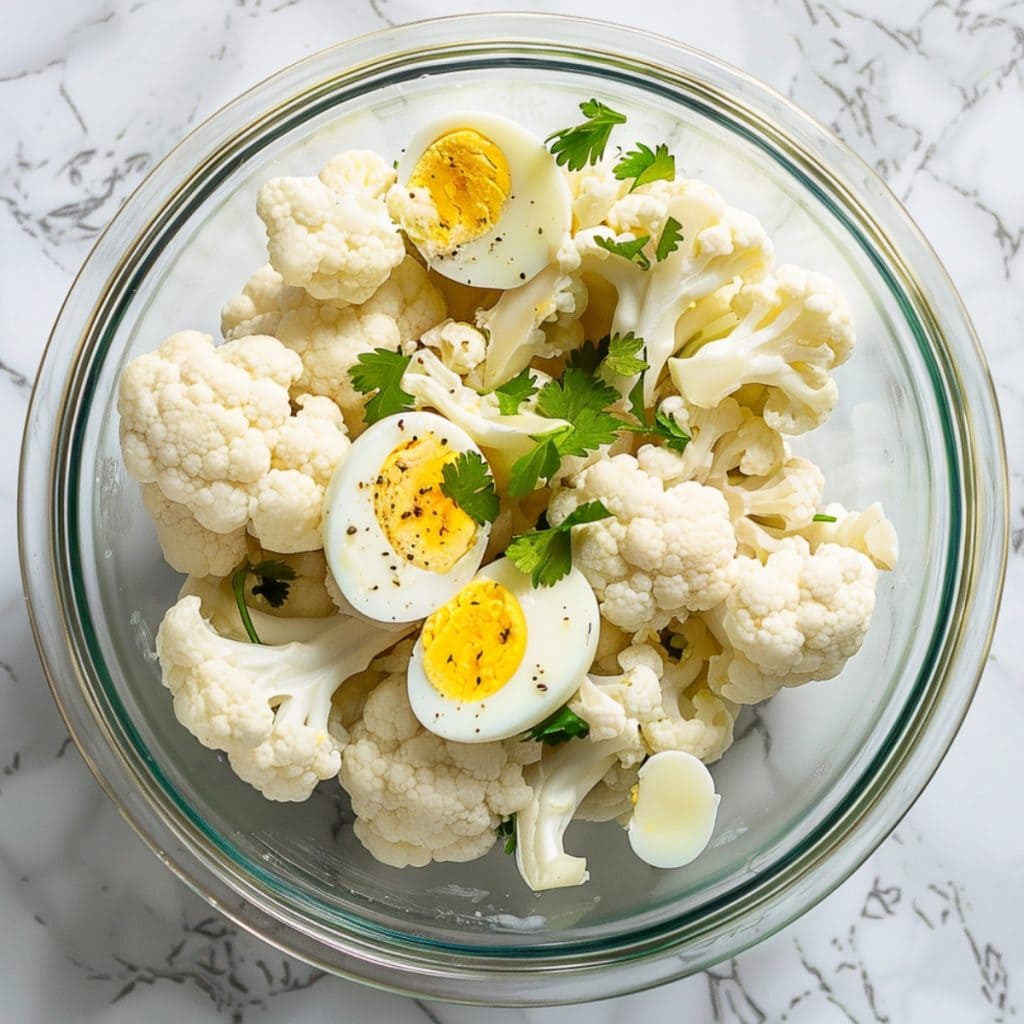 Fresh cauliflower and hard boiled eggs in a glass bowl on a white marble table