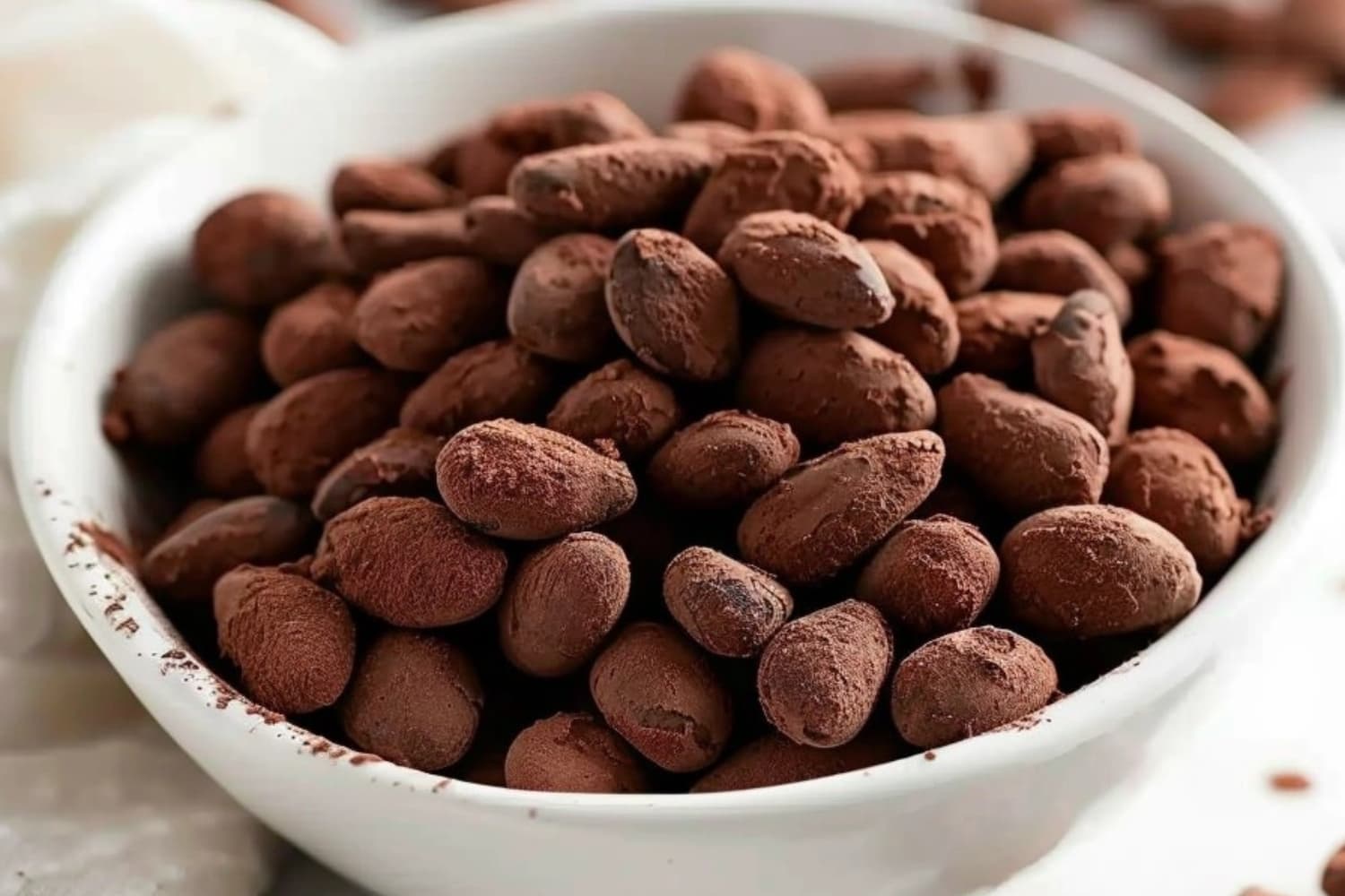 Bowl of chocolate covered almonds rolled in cocoa powder.