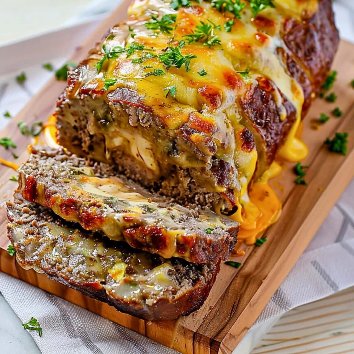Sliced Philly Cheesesteak Meatloaf on a wooden board.