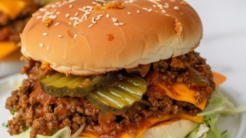 Cheesy Big Mac with ground beef, dill pickles, American cheese and shredded lettuce filling.