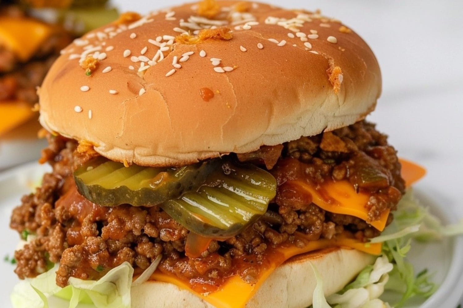 Cheesy Big Mac with ground beef, dill pickles, American cheese and shredded lettuce filling.