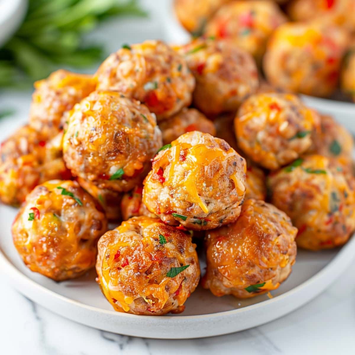 Appetizing pimento cheese sausage balls with herbs in a white plate