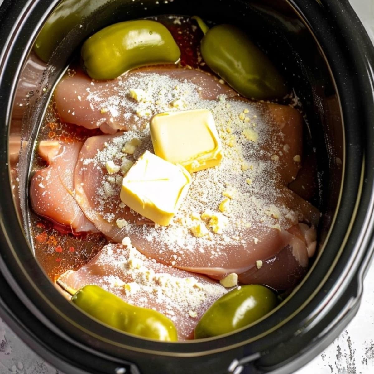 Skinless chicken breast with pepperoncini peppers, butter and gravy inside a slow cooker.