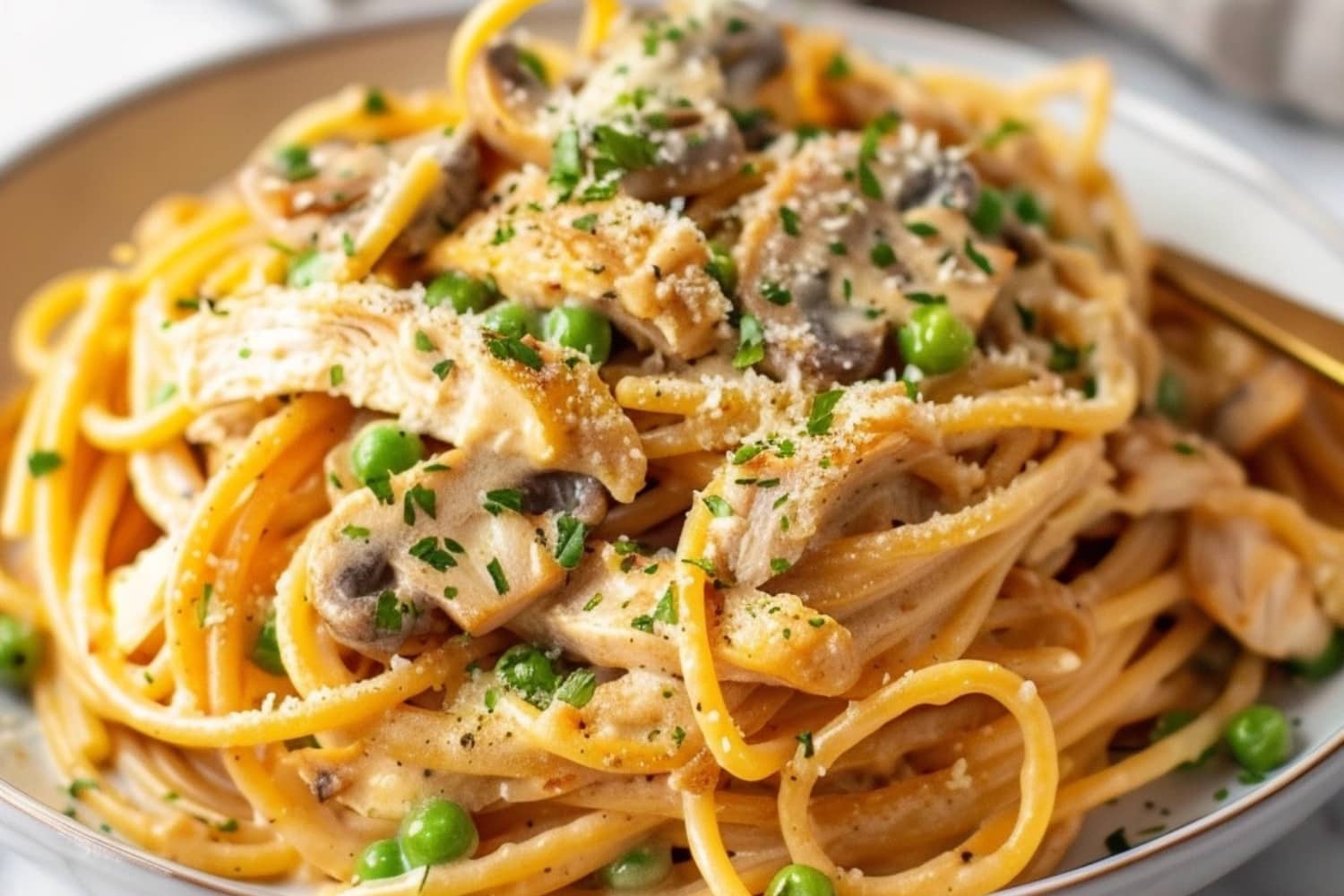 Chicken tetrazzini served in a white plate with shredded chicken, green peas and creamy sauce.