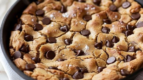 Chocolate chip cookie cooked in a cast iron skillet pan sprinkled with salt on top.