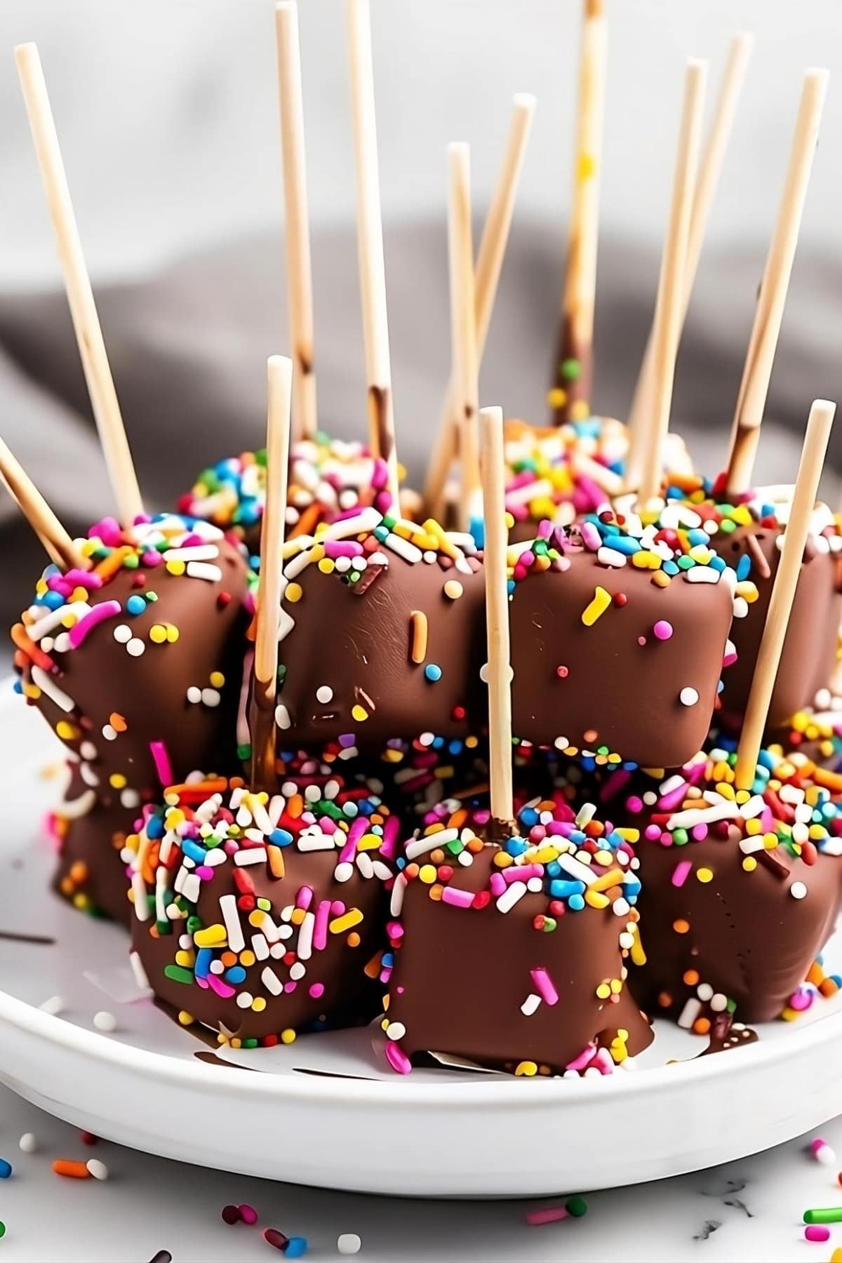 Marshmallows on stick covered with chocolate and sprinkles.