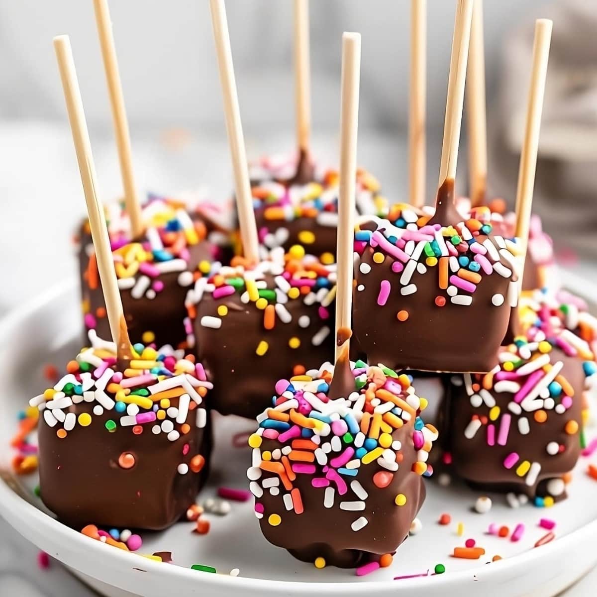 Chocolate covered marshmallows on sticks covered with sprinkles.