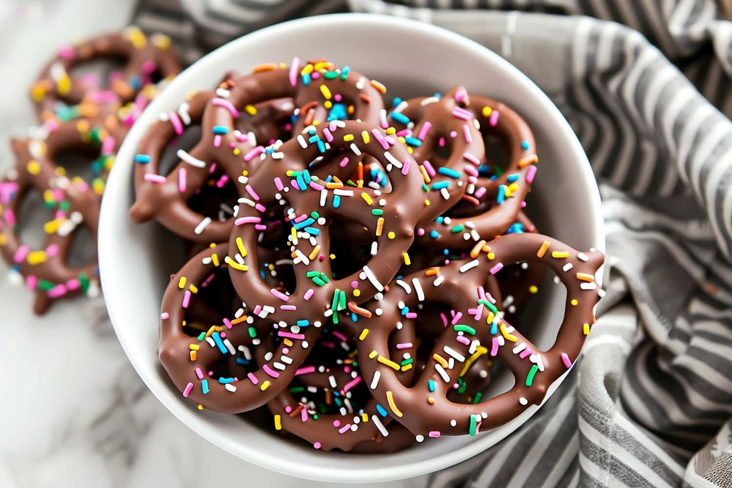Close-up shot of chocolate covered pretzels in a white bowl
