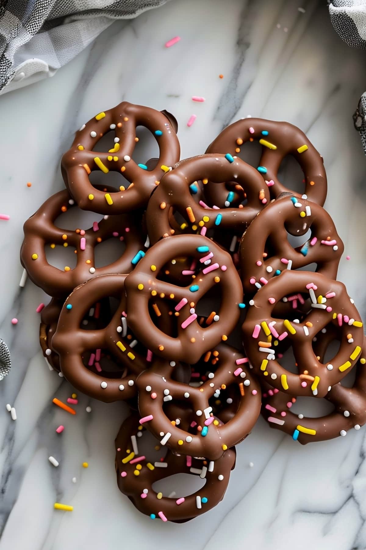 Sweet homemade chocolate covered pretzels with sprinkled candies sitting on a white marble table