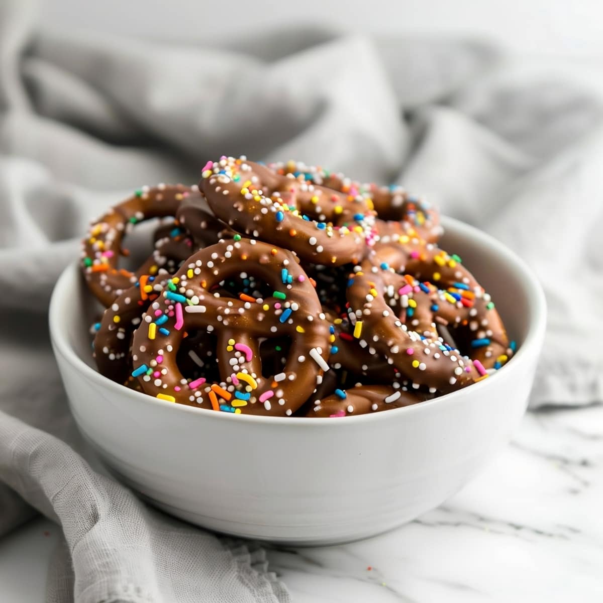 Crispy pretzels covered with melted chocolate chips and sprinkles in a white bowl