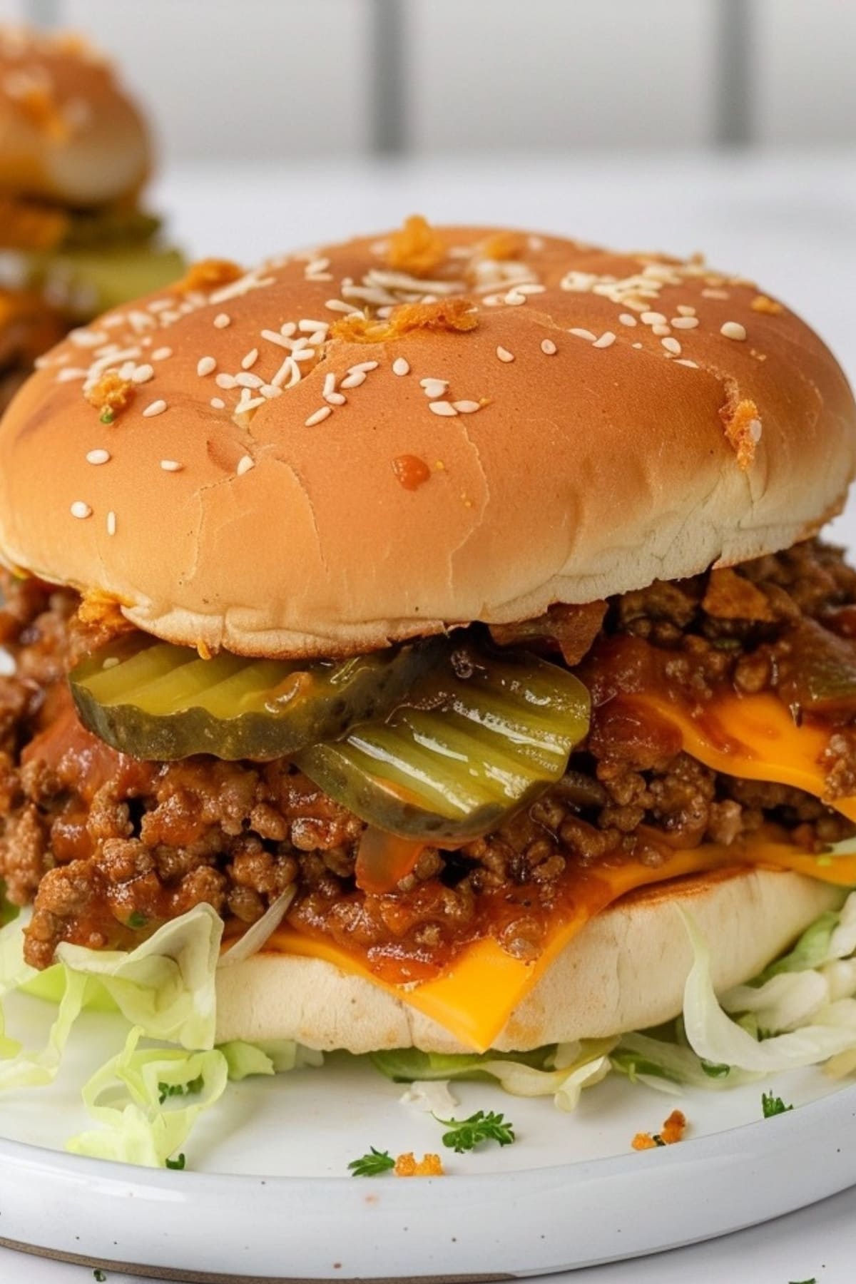 Closeup of Big Mac Sloppy Joe in a plate made with ground beef, dill pickles, cheese and lettuce.