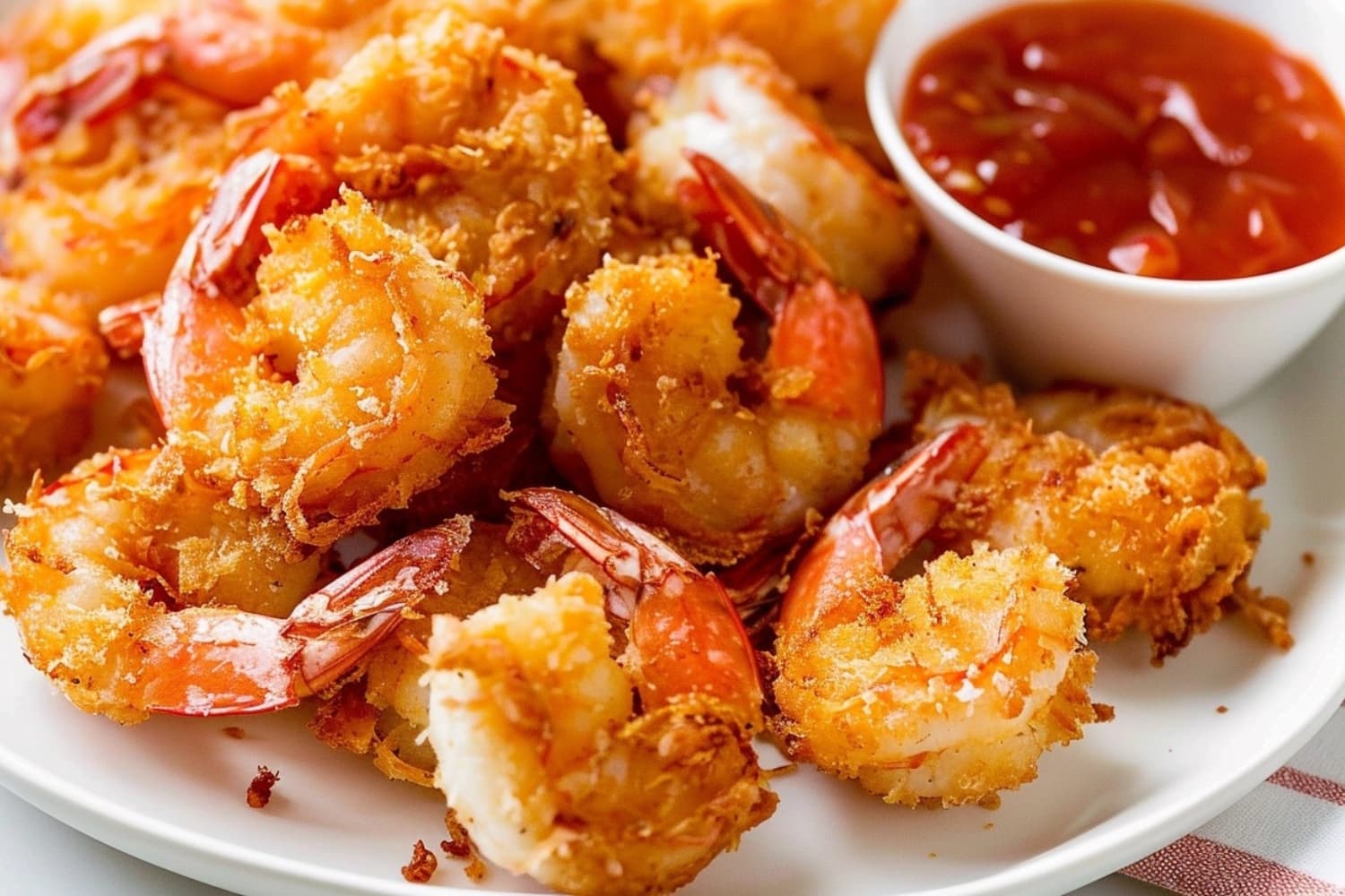 Coconut shrimp in a white plate served with sweet and sour sauce.