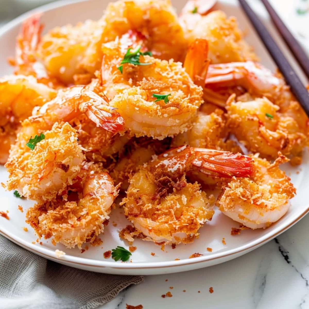 Coconut breaded shrimp in a plate with chopsticks