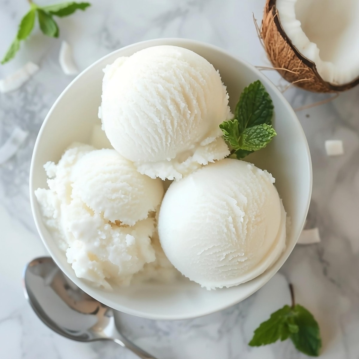 Scoops of coconut sorbet served in a white bowl garnished with mint.