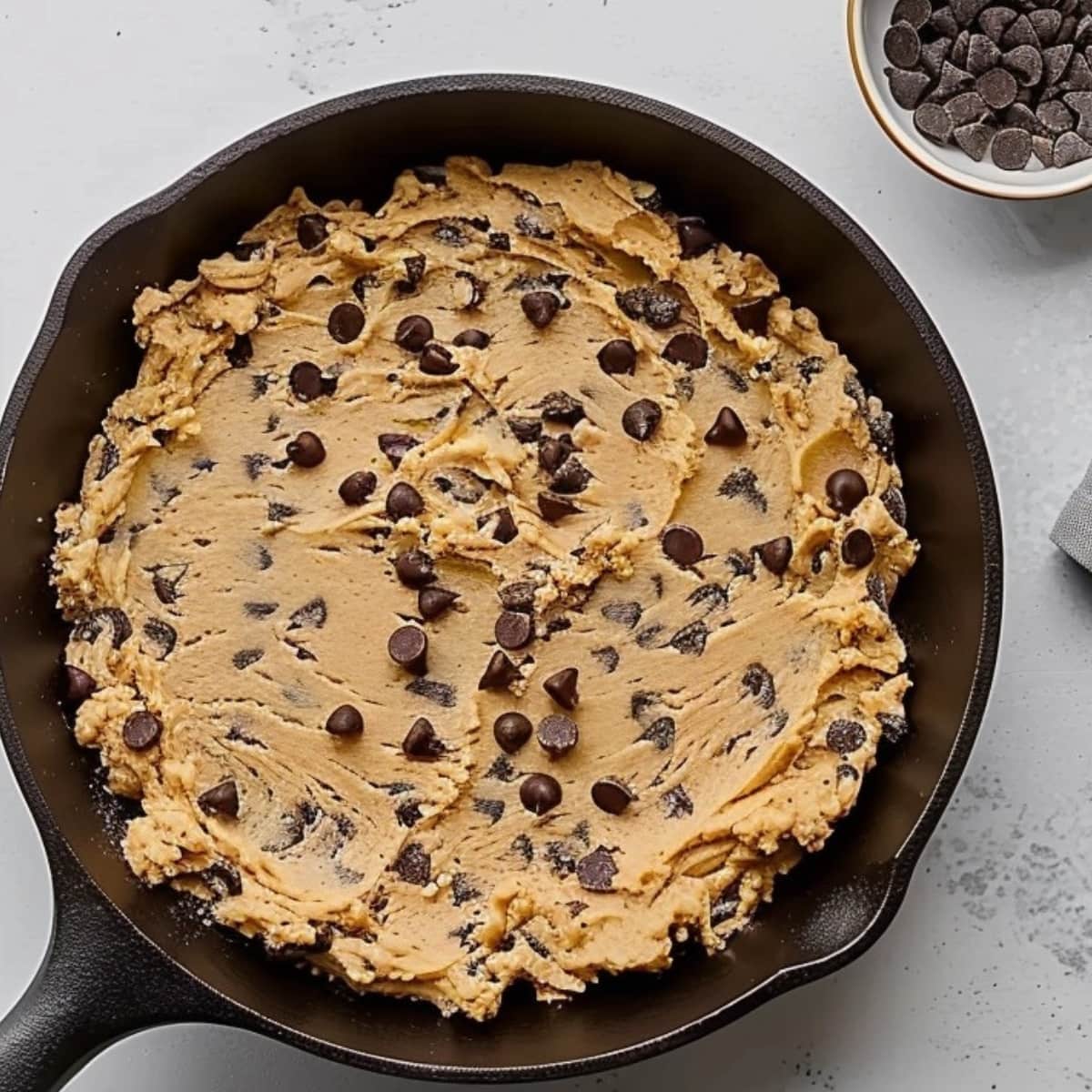 Cookie dough in a cast iron skillet.