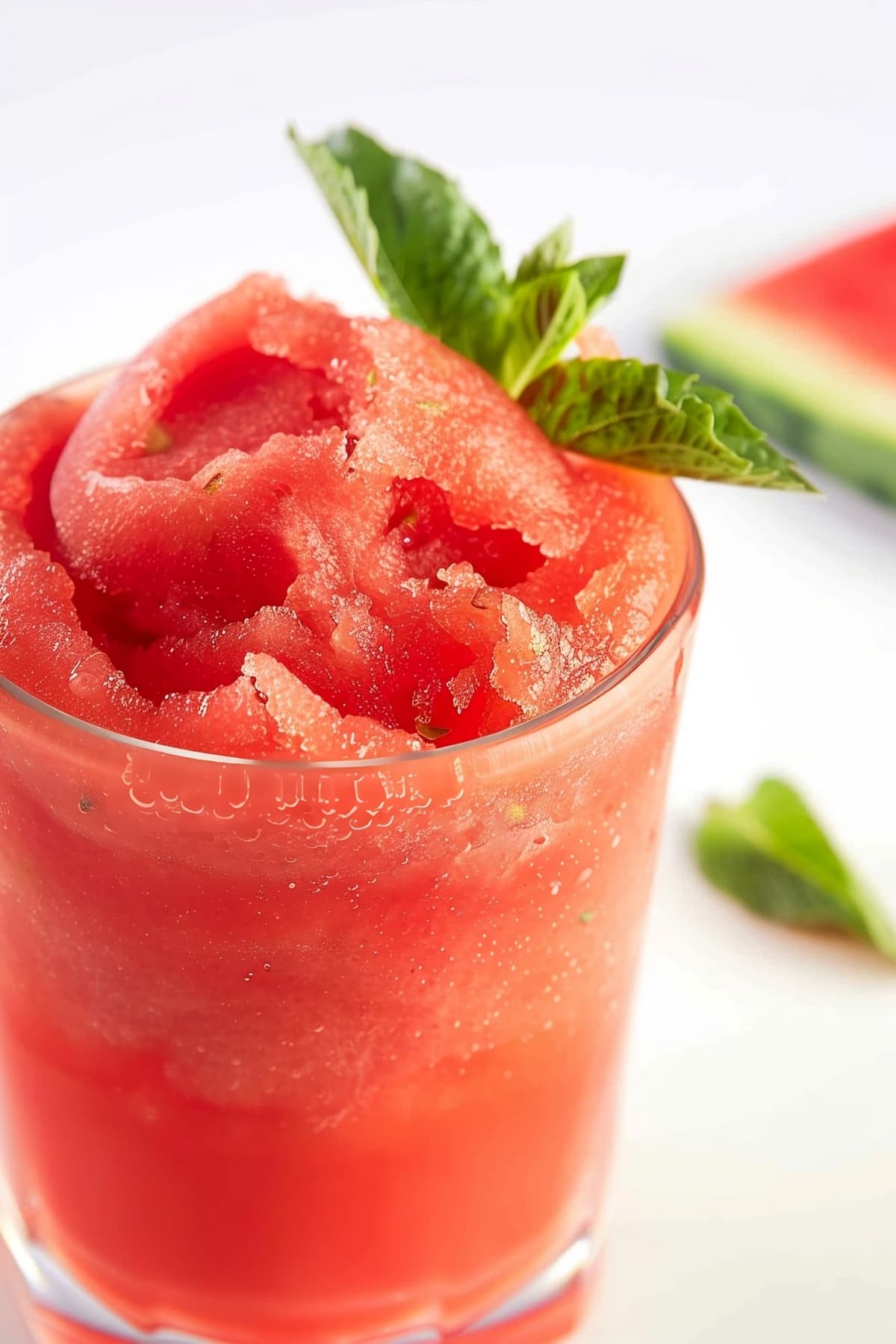 A glass of watermelon slushie topped with fresh mint leaves